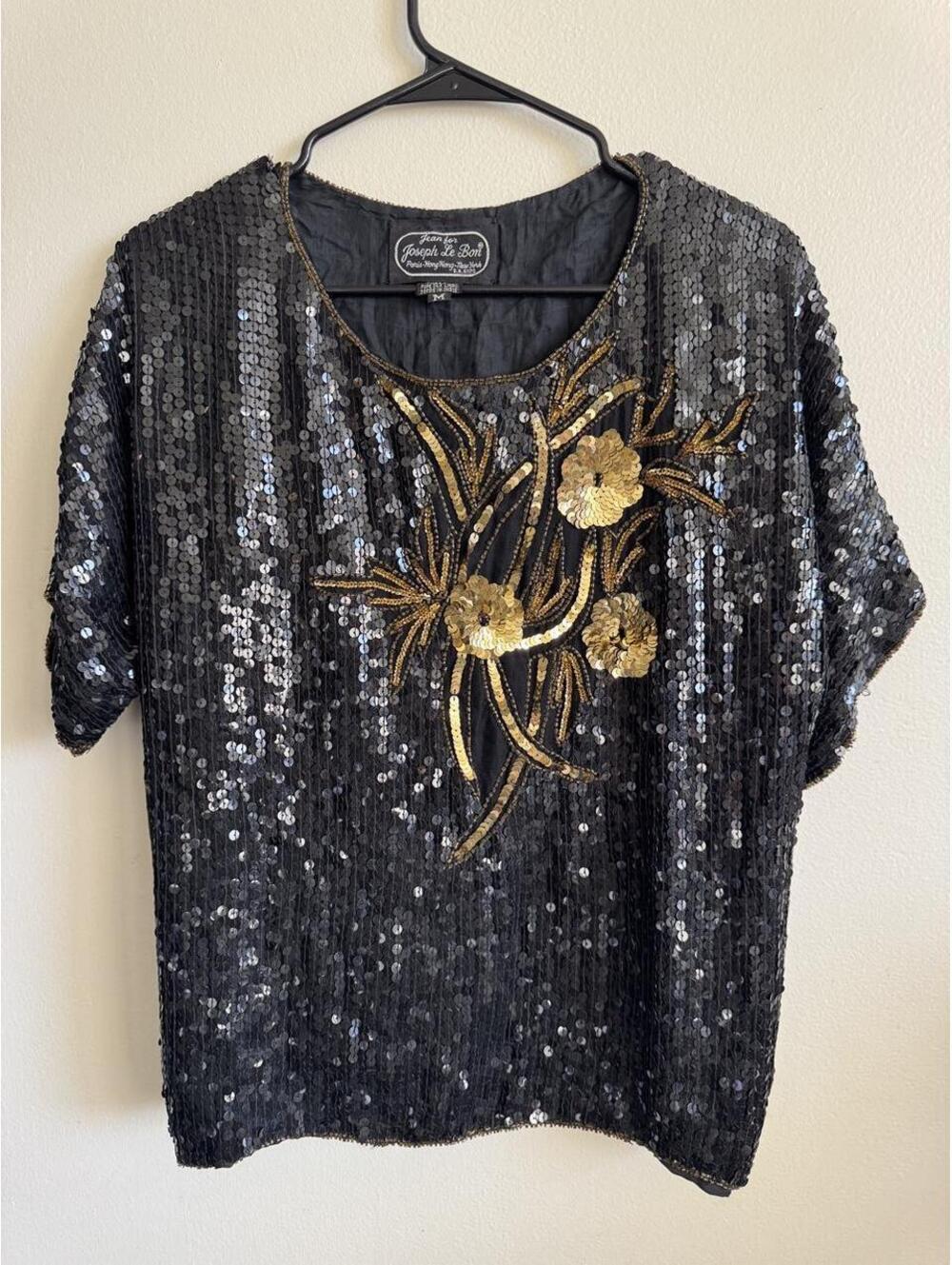 Jean for Joseph Le bon Black sequin blouse with gold floral embroidery, silk.